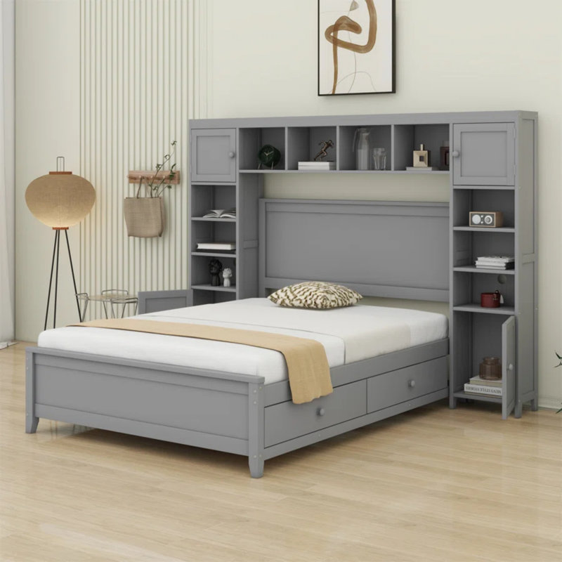 Lit en bois avec armoire et tablette tout-en-un, gris