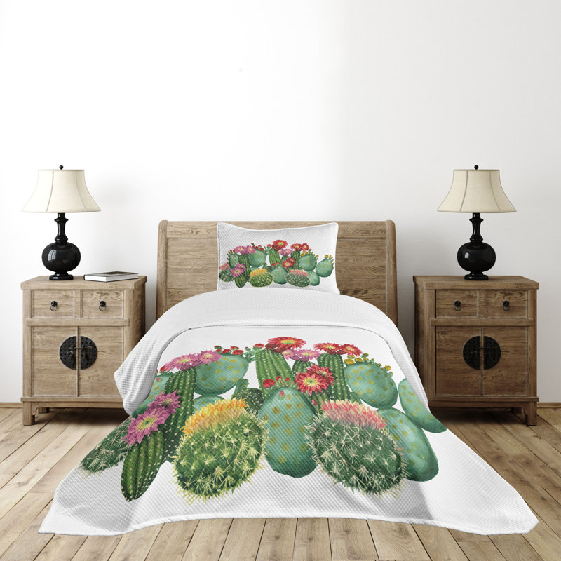 White Twin Kids Unisex Quilted Bedspread Set with Cactus Design
