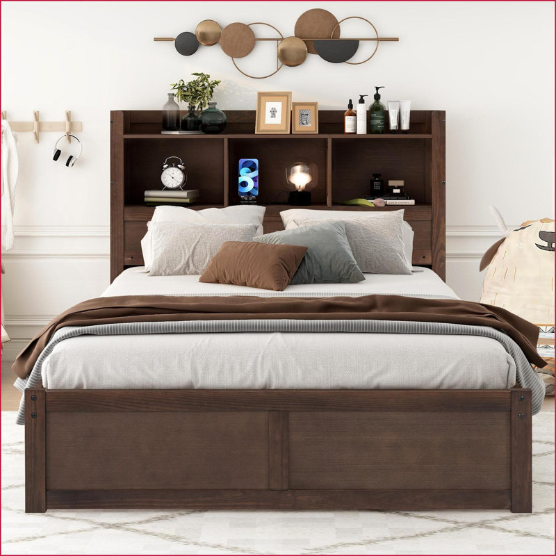Lit plateforme double en pin massif avec panneau de rangement en MDF et lit gigogne Tiroirs, espresso - aucun sommier nécessaire