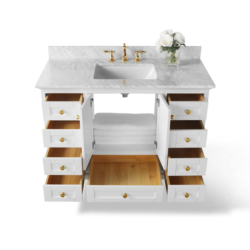 Ensemble de meuble-lavabo simple 48 po Varna, Blanc/or brossé, Marbre blanc de Carrare