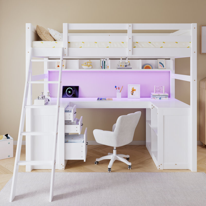 White 3ft Loft Bed with Desk, 3 Drawers, LED Lights & USB Charging
