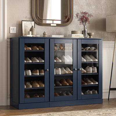 Armoire de rangement à chaussures 100% en bois massif avec porte en verre, tablettes réglables, rangement modulaire pour vestibule, l 48,5 po x H 35,75 po