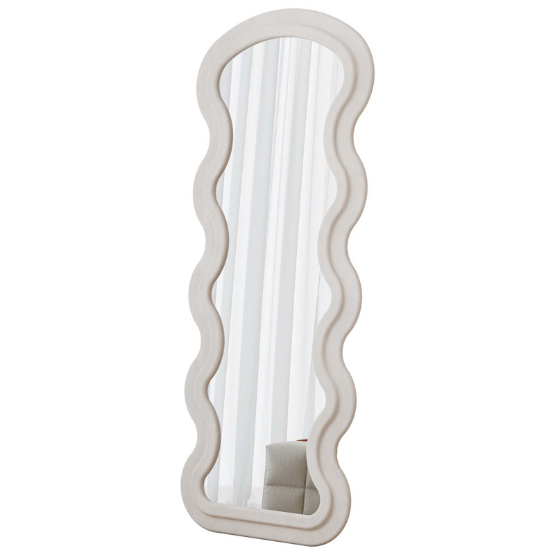 Full Length Flannel Wave Cream White Floor Mirror Stand For Bedroom Living Room Hanging Against Wall, Cream/White