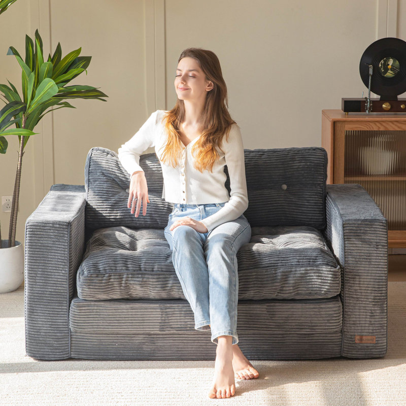 Canapé Bean Bag, causeuse de plancher, Velours côtelé gris foncé, H 29,5 po x l 55,5 po x P 32 po