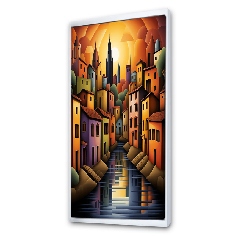 Popart, Italie, paysage, bateau côtier, art mural, Cadre flottant blanc, H 44 po x l 34 po