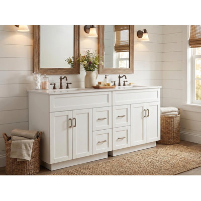 Meuble-lavabo double 60 po avec double lavabo Homy Casa, 4 portes, 4 tiroirs, 2 tablettes réglables, conception à fermeture en douceur