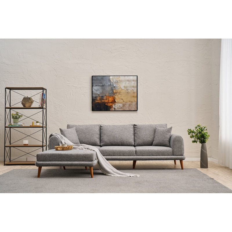 Modern Corner Sofa, Grey Fabric, 98.4 x 28.3 x 35.4 inches | 100% Polyester Upholstery, Solid Wood Legs, 28 DNS Medium Hard Sponge | Perfect for Living Room, Stylish Comfort & Space-Saving Design