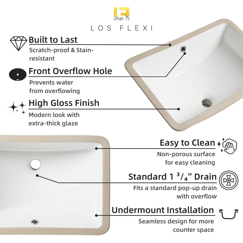 Los Flexi 21" x 15" Bathroom Undermount Sink with Overflow, White Ceramic Rectangular Vanity Sink
