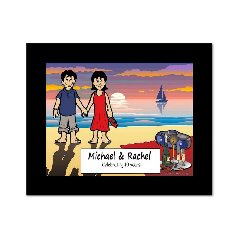 Personalized Lovers on the Beach Cartoon Caricature with a Mat, Ready to Frame, Yes