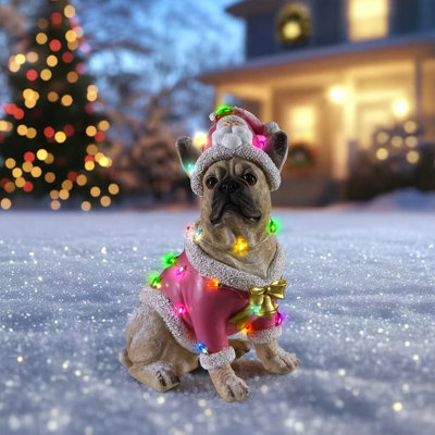 Charming Christmas French Bulldog Statue in Pink Santa Outfit, Festive Holiday Home Décor with Textured Trim and Bulb Accents
