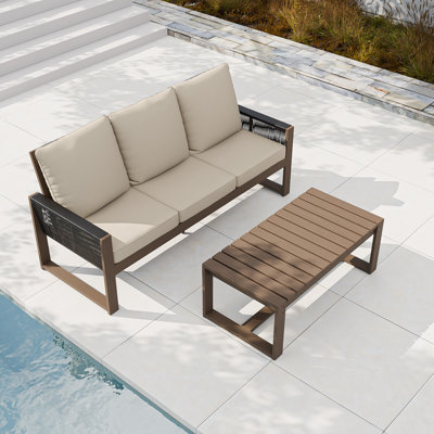 Patio Outdoor Cedar Wood Wicker 3-Seat Sofa Seating Group with Olefin Cushions, Rectangle Coffee Table