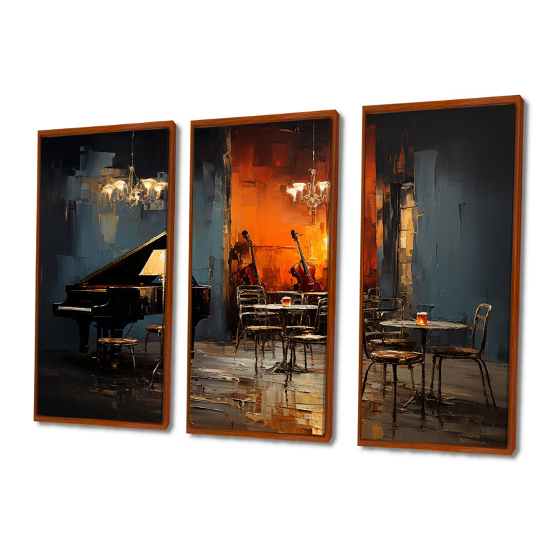 Rétro Sonate pour piano dans Jazz Cafe II - musique Jazz Art mural, H 40 po x l 60 po x P 1 po, Cadre flottant brun