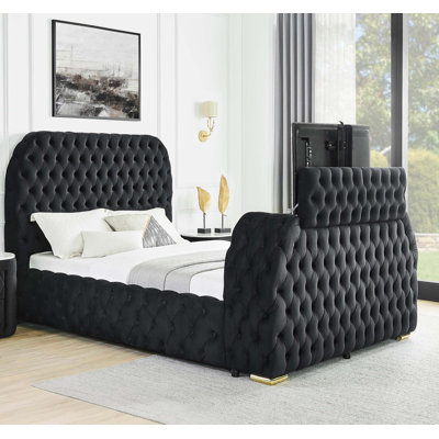 King Bed with Deeply Tufted Velvet Headboard, Built-in Electric Fireplace, and Integrated TV Lift