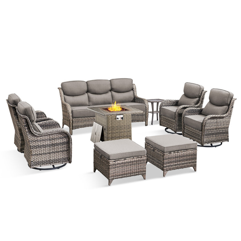 Prunier 9-Piece Outdoor Wicker Patio Conversation Set With Square Fire Pit, 3-Seat Sofa, Ottomans, 4 Swivel Gliders And Side Table