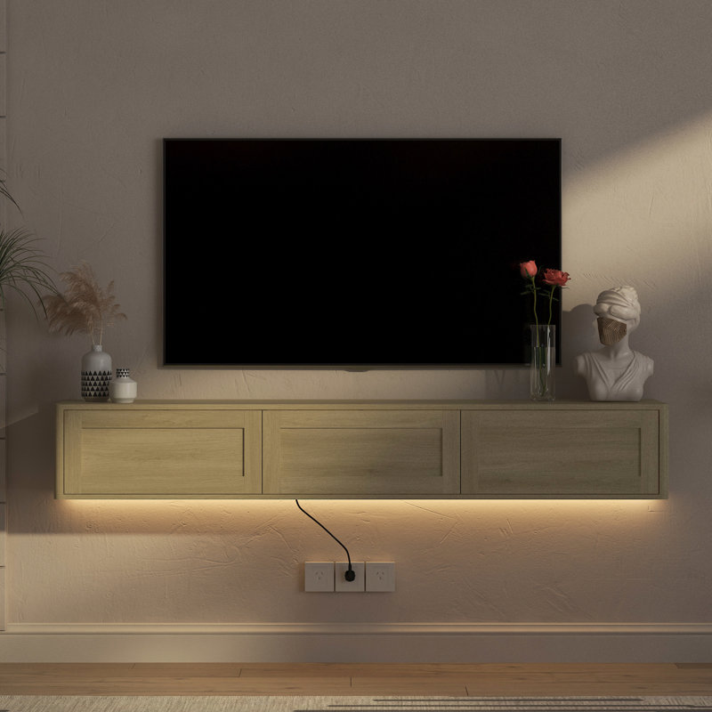 Meuble télé mural flottant avec lumières DEL Armoire en bois ultrabrillante pour prise de courant pour grand espace de rangement