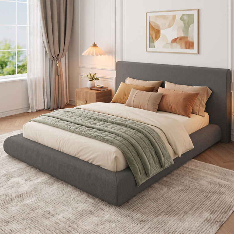 Lit plateforme double avec tête de lit tapissier - Tissu moelleux doux, aucun sommier requis, assemblage facile, Gris, Double