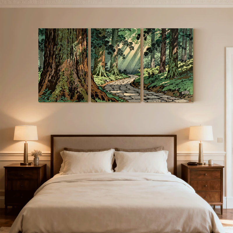 «Forest Path Sunlight Trees Reflection Nature», ensemble de 3 impressions sur toile, H 18 po x l 36 po