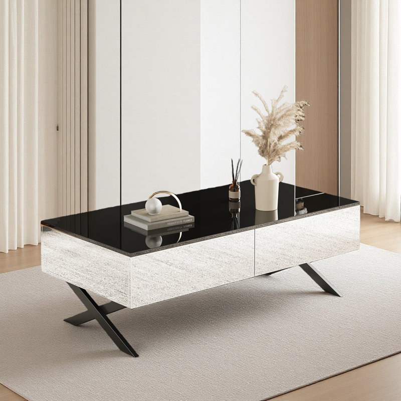 Table basse rectangulaire à miroir pour le salon avec rangement et base en métal, 2 tiroirs, 47,3 po