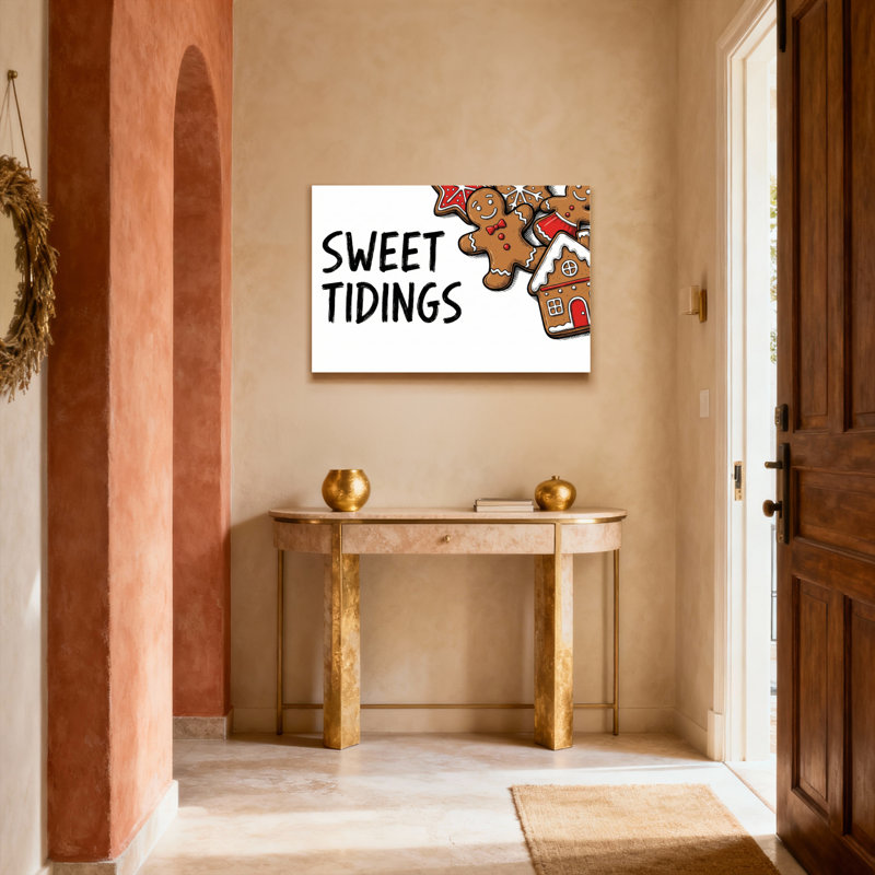 Ensemble de 1 tableau sur toile tendue sur châssis représentant un bonhomme en pain d'épices et sa maison, sur le thème des fêtes de Noël.