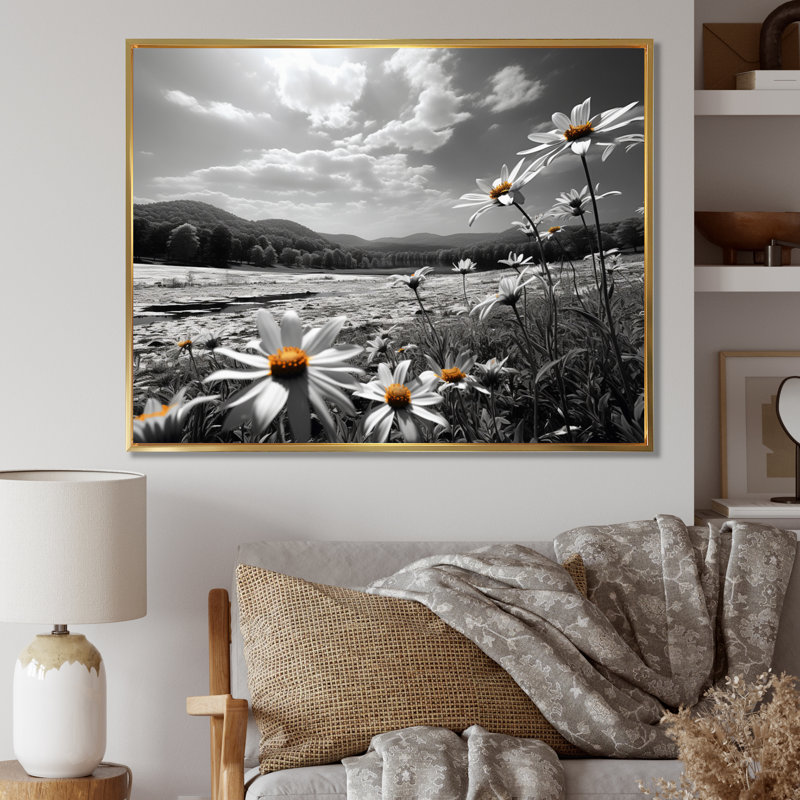 Champ de fleurs bronze pré - impression, H 24 po x l 32 po x P 1 po, Cadre flottant doré