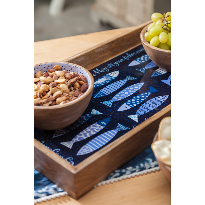Long Rectangular Mango Wood Serving Tray with Fish Pattern