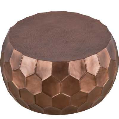 Modern Contemporary Round Aluminum Coffee Table With Glossy Diamond-Patterned Copper Base, Perfect For Farmhouse And Urban Interiors