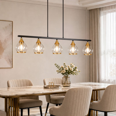 5-Light 40.9" Linear Kitchen Pendant with Clear Glass, Adjustable Height Chandelier for Dining Room, Kitchen Island, Breakfast Bar