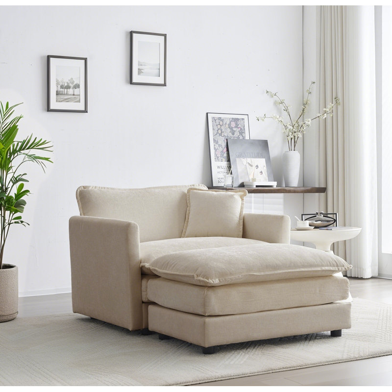 Fauteuil d'appoint rembourré en chenille beige avec repose-pieds