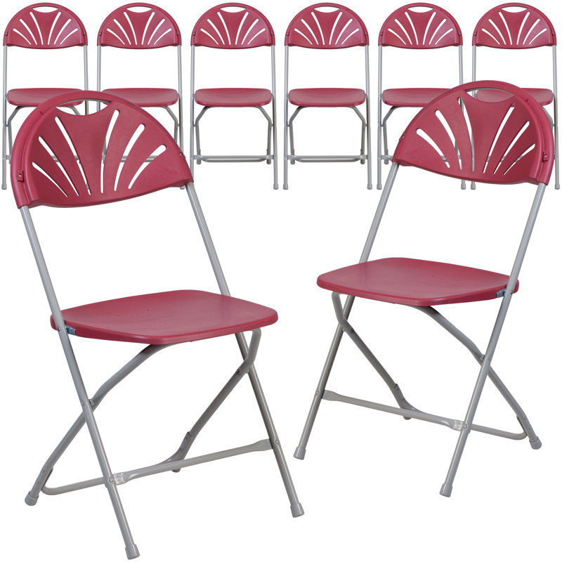 Plastic Fan Back Folding Chair, Burgundy/Grey