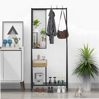 Coat Rack With Mirror, Multifunctional Hall Tree With Shoe Storage,  Aluminum Frame, For Living Room Bedroom 73X32x15 Inches, Industrial Style, Rustic Brown And Black