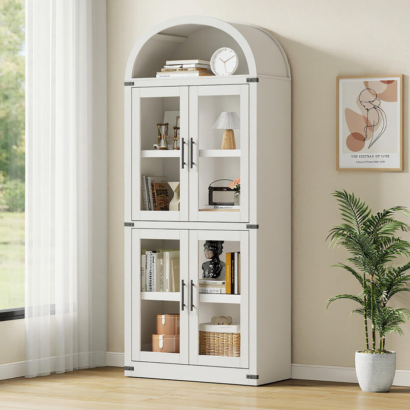 71.4" Arched Farmhouse Bookcase with Glass Doors, 15.8" Deep Wooden Display Cabinet for Living Room & Office, White 