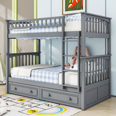 2 Drawers Twin Over Twin Bunk Bed With Guardrails, Can Be Split Into 2 Individual Beds