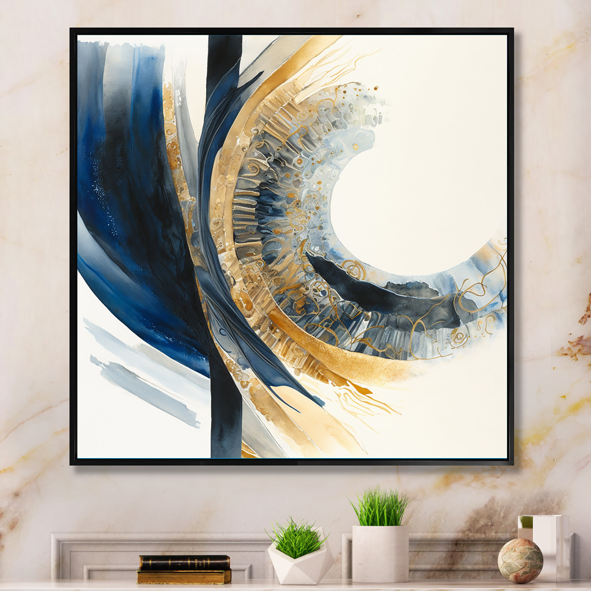 Ivy Bronx Blue and Gold Swirl Abstract IV - Graphic Art on Canvas | Wayfair