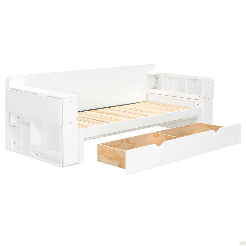 Grand lit de jour avec bureau amovible, tiroirs de rangement et table d'appoint hydraulique, Blanc, Grand lit