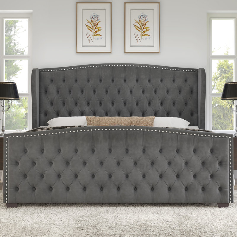 Très grand lit tapissier capitonné DuJuan, Très grand, gris