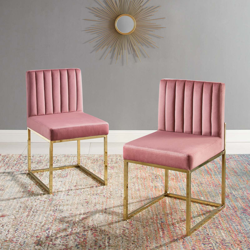 Carriage Tufted Sled Base Upholstered Fabric Dining Chair, 1, Gold, Dusty Rose