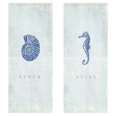 Beach Bath 3 and 4 by Dallas Drotz, 24x12" Each, 2-Piece Seashell and Seahorse Coastal Panel Canvas Wall Art Print Set
