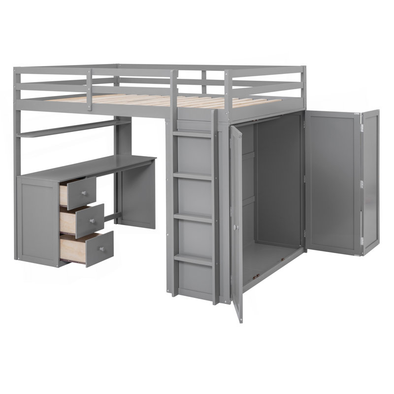 Full Size Loft Bed With Drawers,Desk,And Wardrobe-Grey, Grey