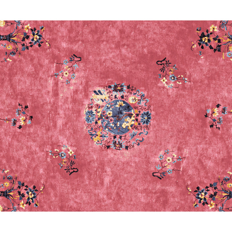 Tapis rose et bleu de haute qualité noué à la main