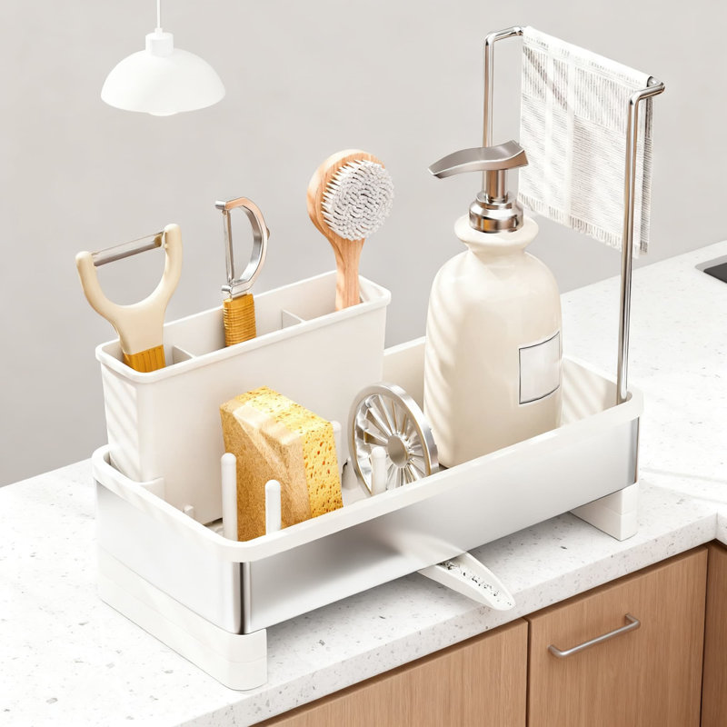 Kitchen Sink Caddy Organizer With Rotatable Spout, Removable Brush Holder, And Detachable Towel Rack For Countertop Storage