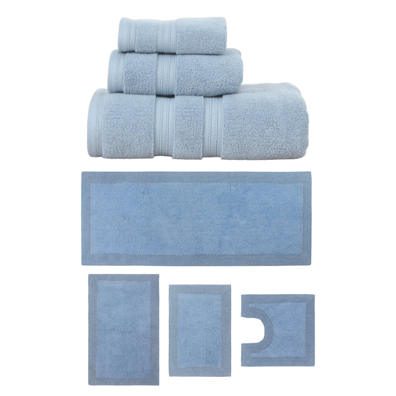 Buariki Collection 100% Soft Cotton 3 Pc Towel Set & 4 Pc Bath Rug Set, (Set of 7) Reversible, Blue