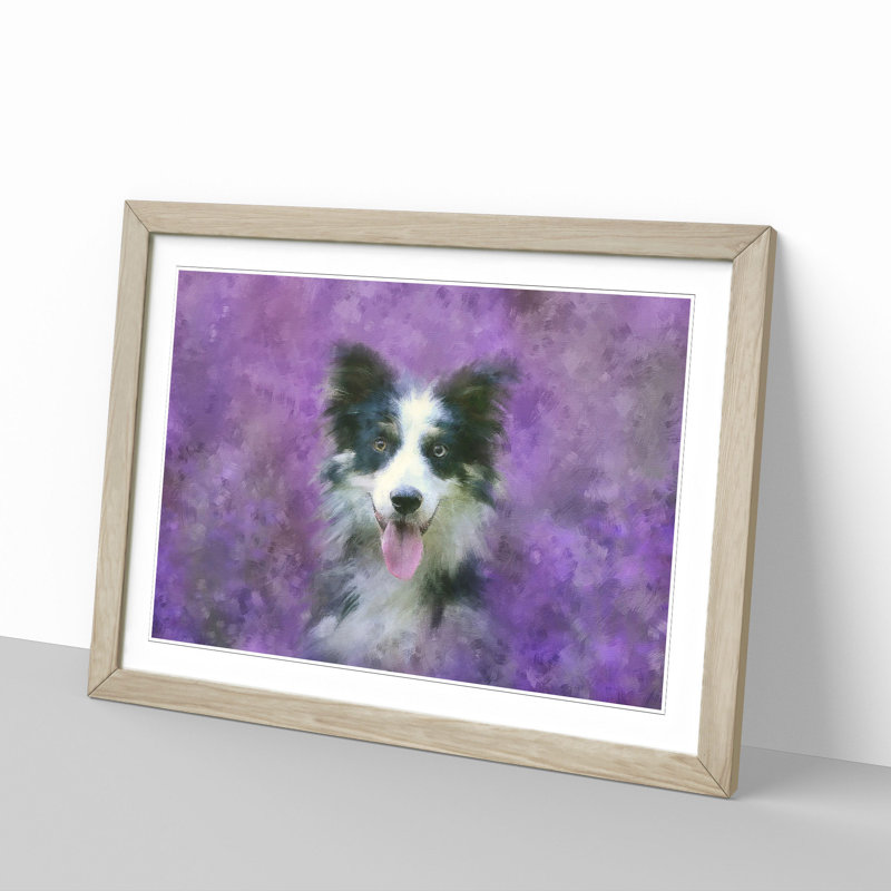 Border Collie In The Purple Flowers Painting - Single Picture Frame Print on MDF, Oak, 33cm H x 45cm W x 2cm D