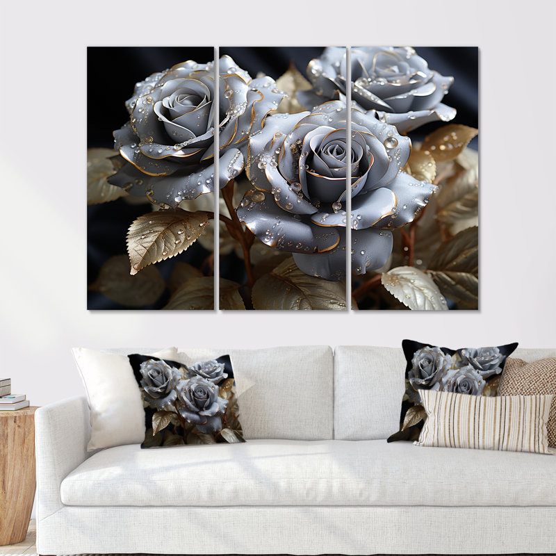 Gris et or rose passion - ensemble de décorations murales roses, Toile tendue, H 40 po x l 60 po x P 1 po