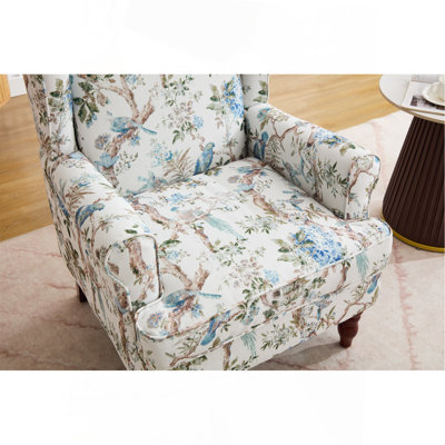 Fauteuil d'appoint moderne avec pieds en bois rétro, fauteuil rembourré confortable, canapé une place à motif floral pour salon, chambre ou bureau - Oiseau bleu fleuri