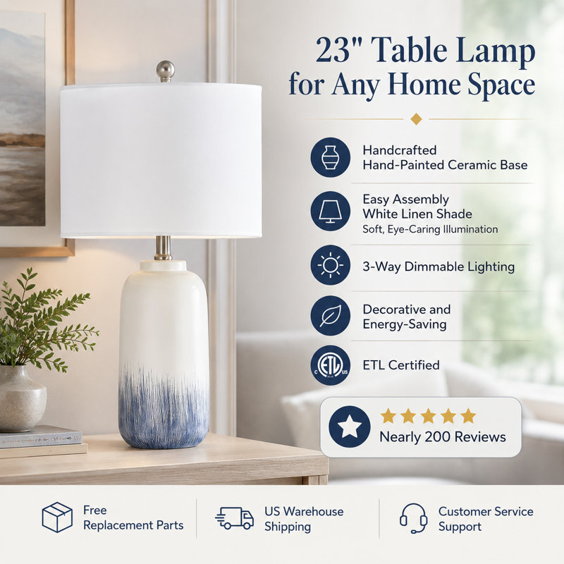 23" Modern Blue and White Ceramic Table Lamp with 3-Way Dimmable Lighting for Living Room Bedroom and Study, Blue
