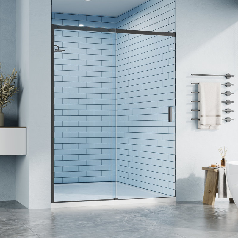 48"W X 76" H Double Sliding Semi-Frameless Tub Door With 1/4"(6mm) Clear Tempered Glass, Matte Black