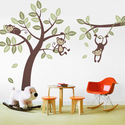 Décalcomanie murale trois singes avec branche de vigne