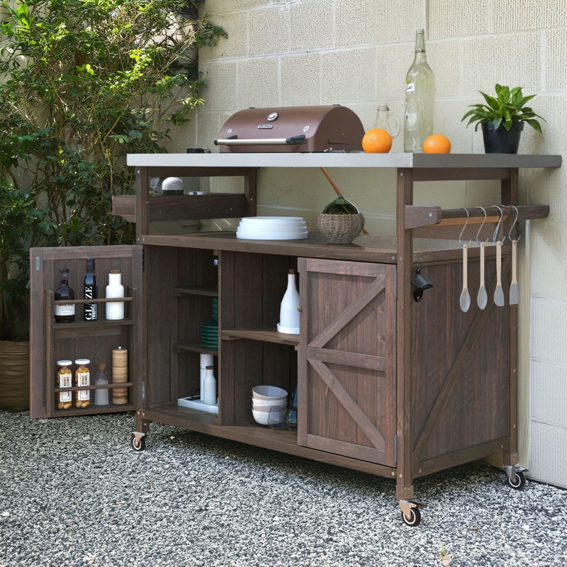 K&k Outdoor Kitchen Island Mobile Food Truck Storage Farmhouse Style Grill Table (stainless Steel Top) With Spice Rack Towel Rack