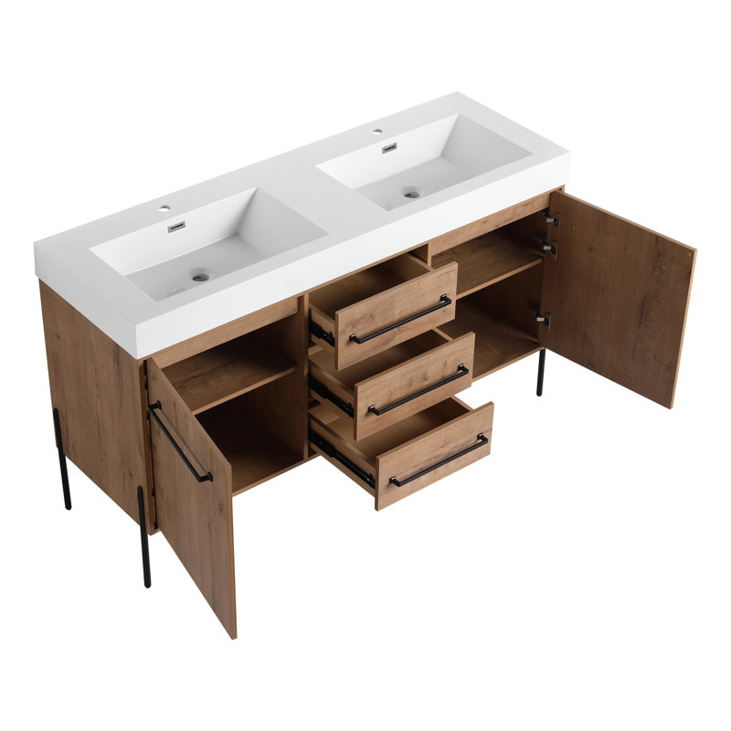 Meuble-lavabo autoportant de 60 po avec double lavabo en résine et tiroirs de rangement