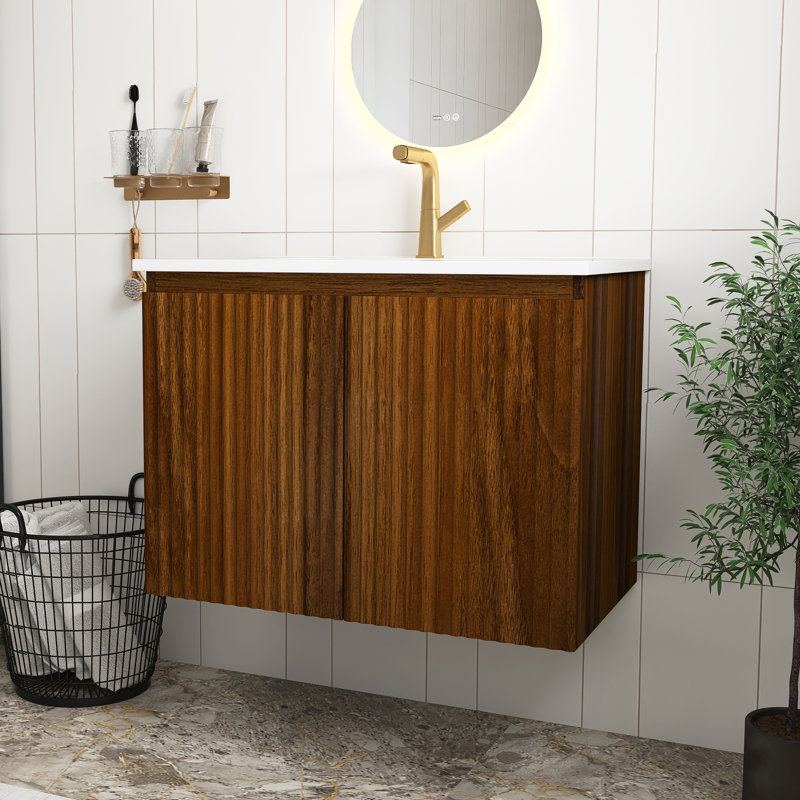 Armoire murale pliante en noyer de 30 pouces avec lavabo en céramique - Économie d'espace et assemblage facile, installation brevetée en 1 minute